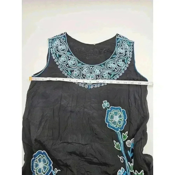 Vintage Women's Black Silk Blue Floral Beaded Sleeveless Shift Dress - Picture 11 of 16
